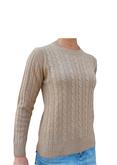 Women's Crew Neck Cable Knit Sweater in Regenerated Cashmere