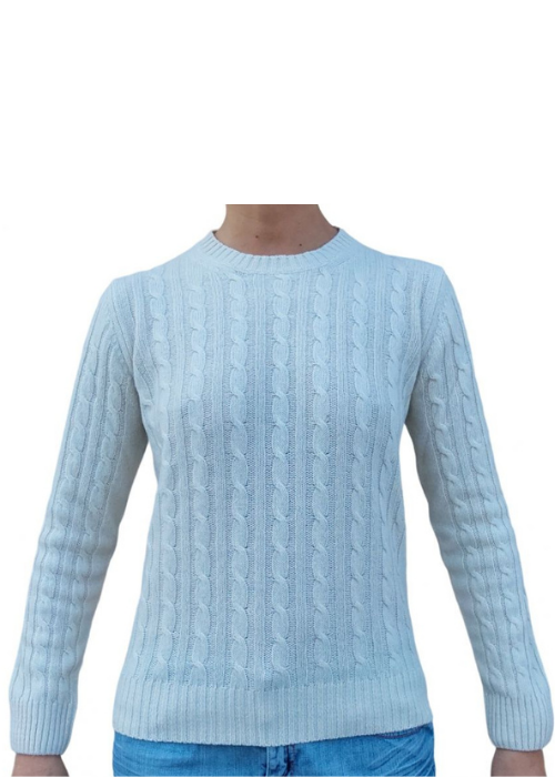 Women's Crew Neck Cable Knit Sweater in Regenerated Cashmere