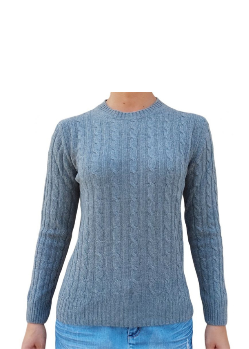 Women's Crew Neck Cable Knit Sweater in Regenerated Cashmere