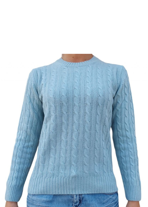 Women's Crew Neck Cable Knit Sweater in Regenerated Cashmere
