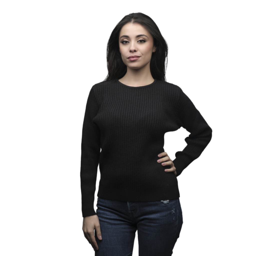 Pull Femme à Côtes Col Rond Laine Mérinos Filature Courte
