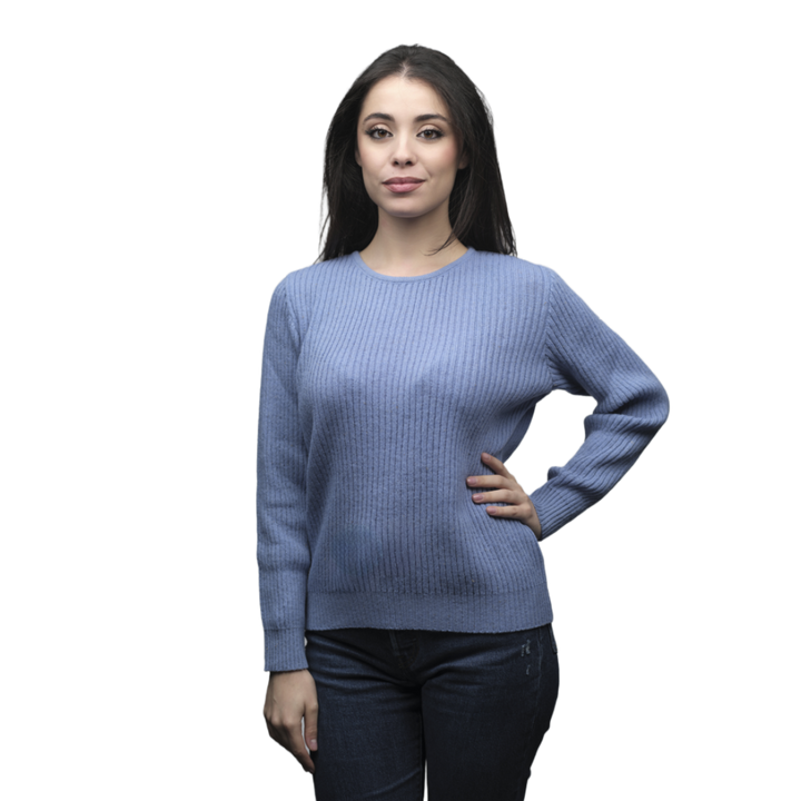 Pull Femme à Côtes Col Rond Laine Mérinos Filature Courte