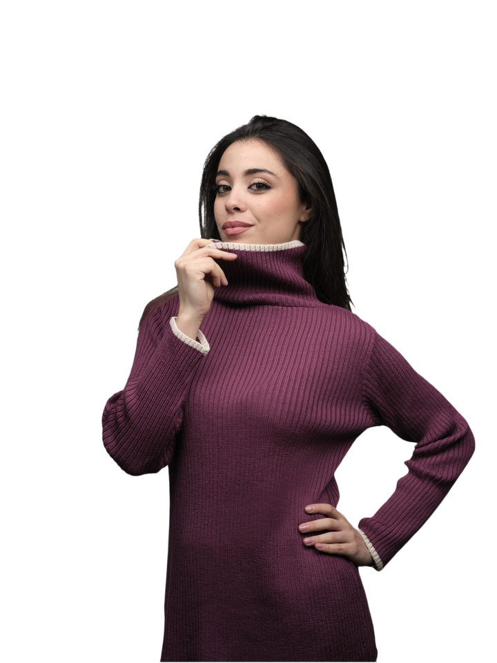 Maglia Donna a Coste Collo Alto Lana Merino Extrafine