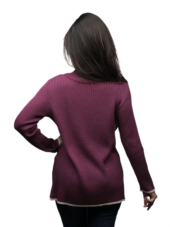 Pull Femme à Côtes Col Haut Laine Mérinos Extrafin