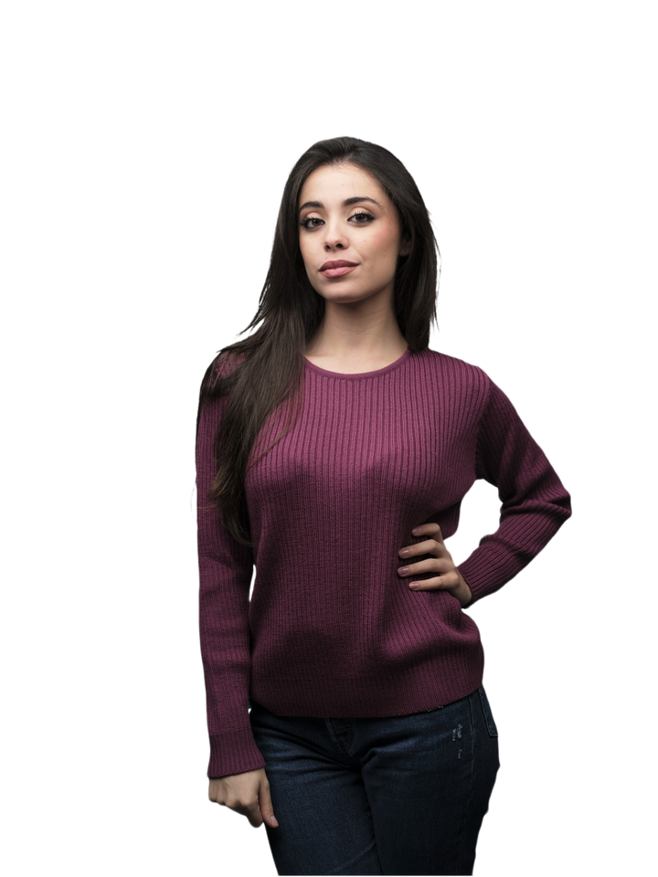Pull femme côtelé col rond en laine mérinos