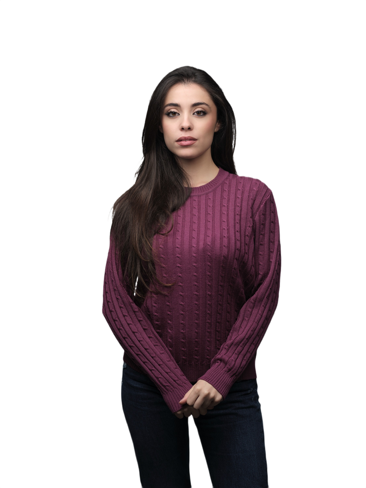 Pull femme à torsades col rond en laine mérinos