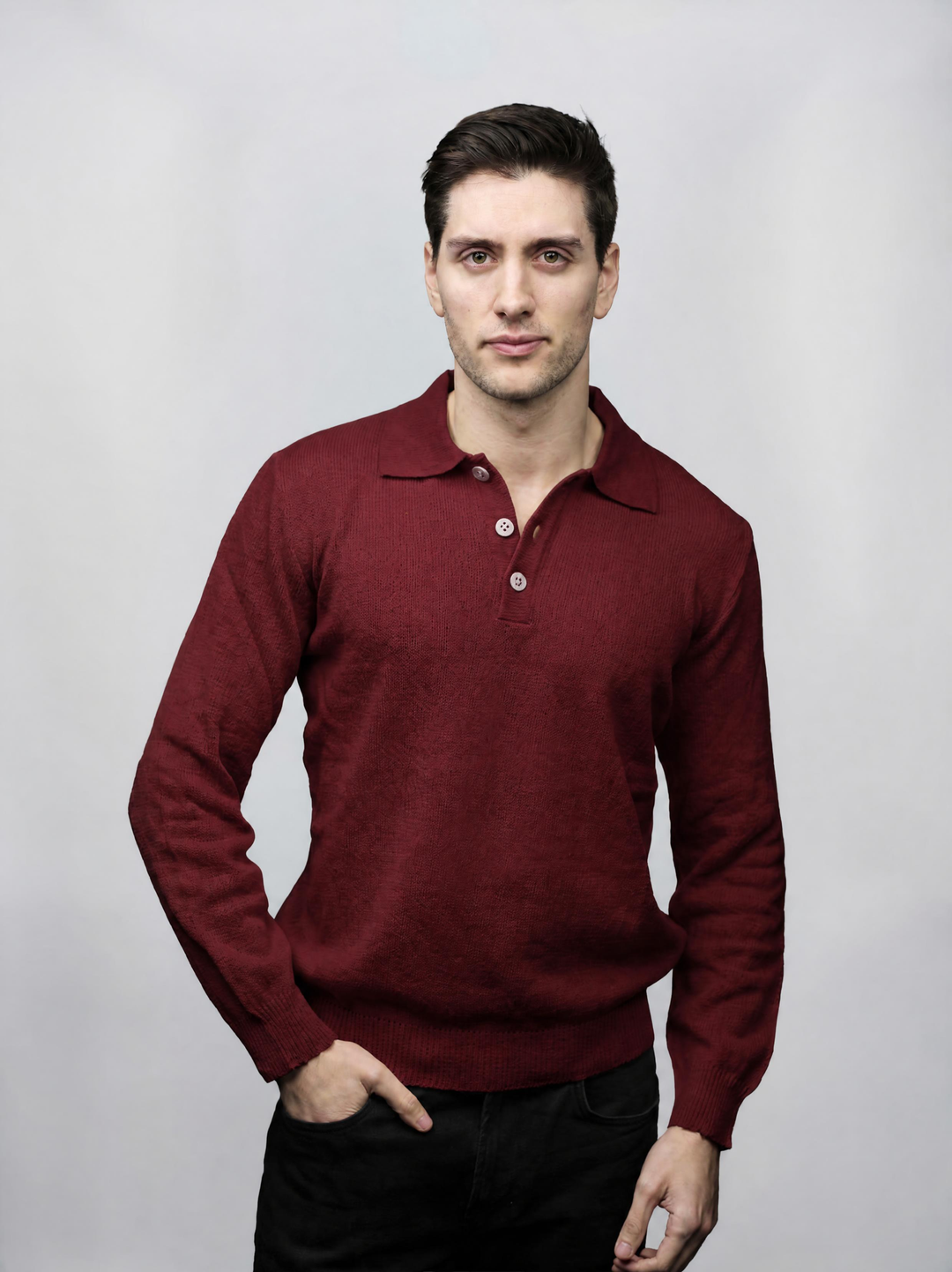 Herren-Langarm-Poloshirt aus Merinowolle, kurze Kette