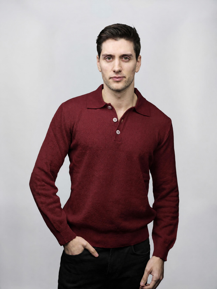 Herren-Langarm-Poloshirt aus Merinowolle, kurze Kette