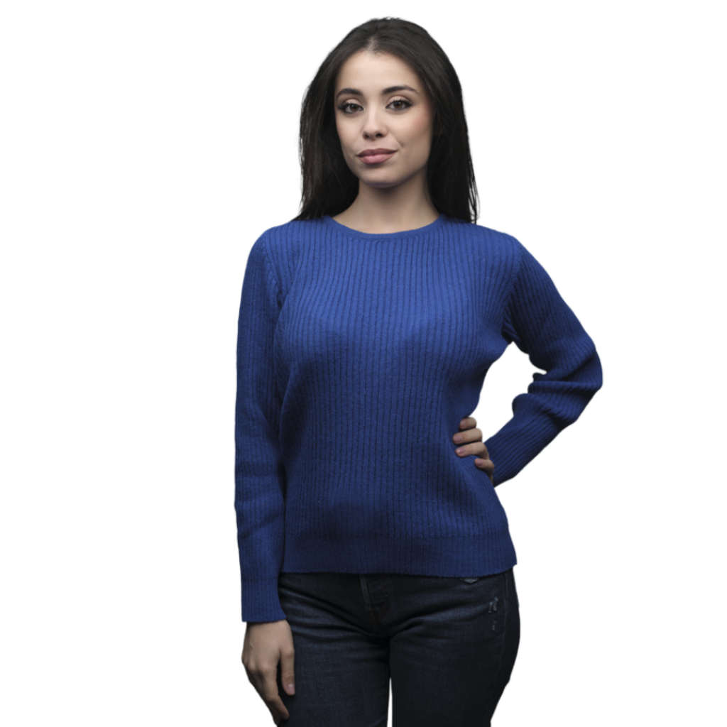 Pull Femme à Côtes Col Rond Laine Mérinos Filature Courte