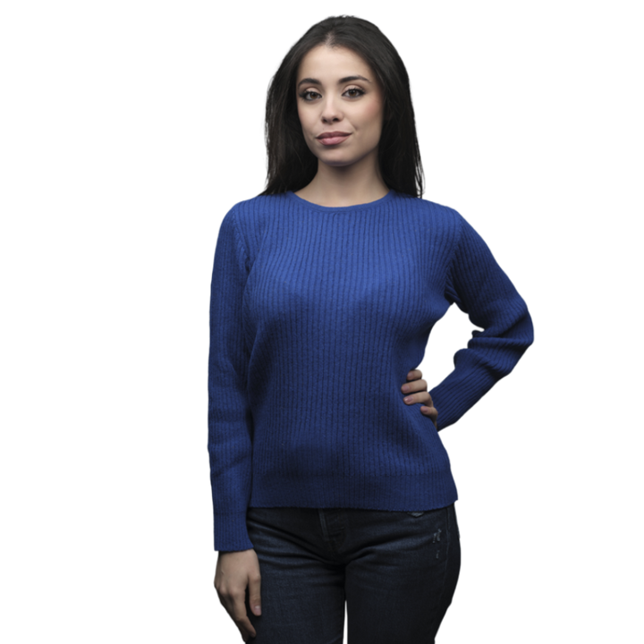 Pull Femme à Côtes Col Rond Laine Mérinos Filature Courte