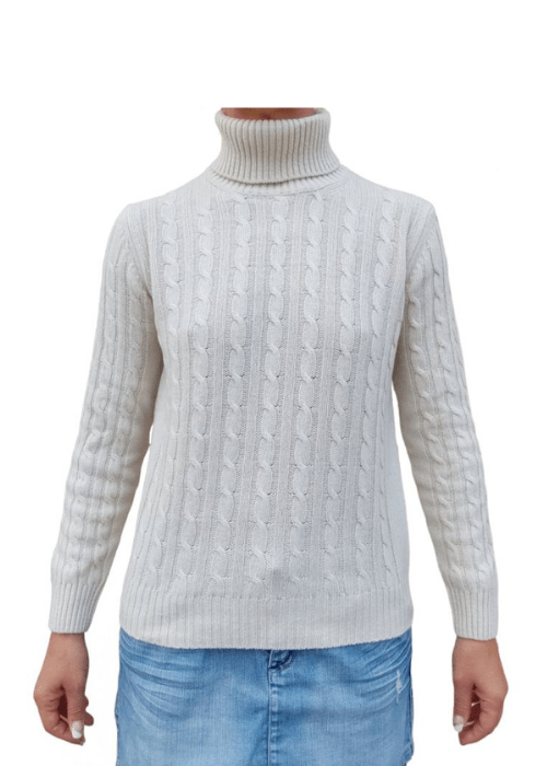 Maglia Donna a Trecce Collo Alto in Cashmere Rigenerato - Lanaioli Maglieria Filiera Corta Sostenibile & Filati Naturali
