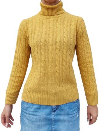 Maglia donna a trecce collo alto in cashmere rigenerato