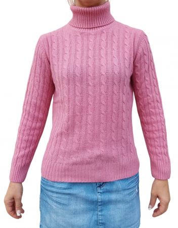 Maglia donna a trecce collo alto in cashmere rigenerato